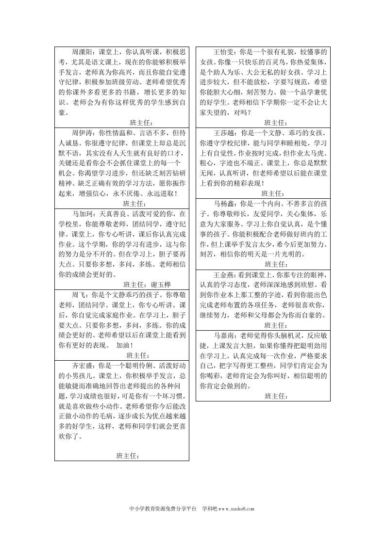 小学三年级班主任评语-jw