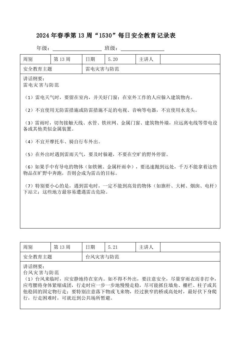 2024年春季第13周“1530”每日安全教育记录表内容资料参考-jw
