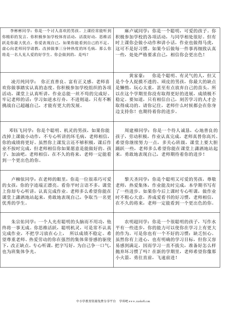 四年级第一学期评语-jw