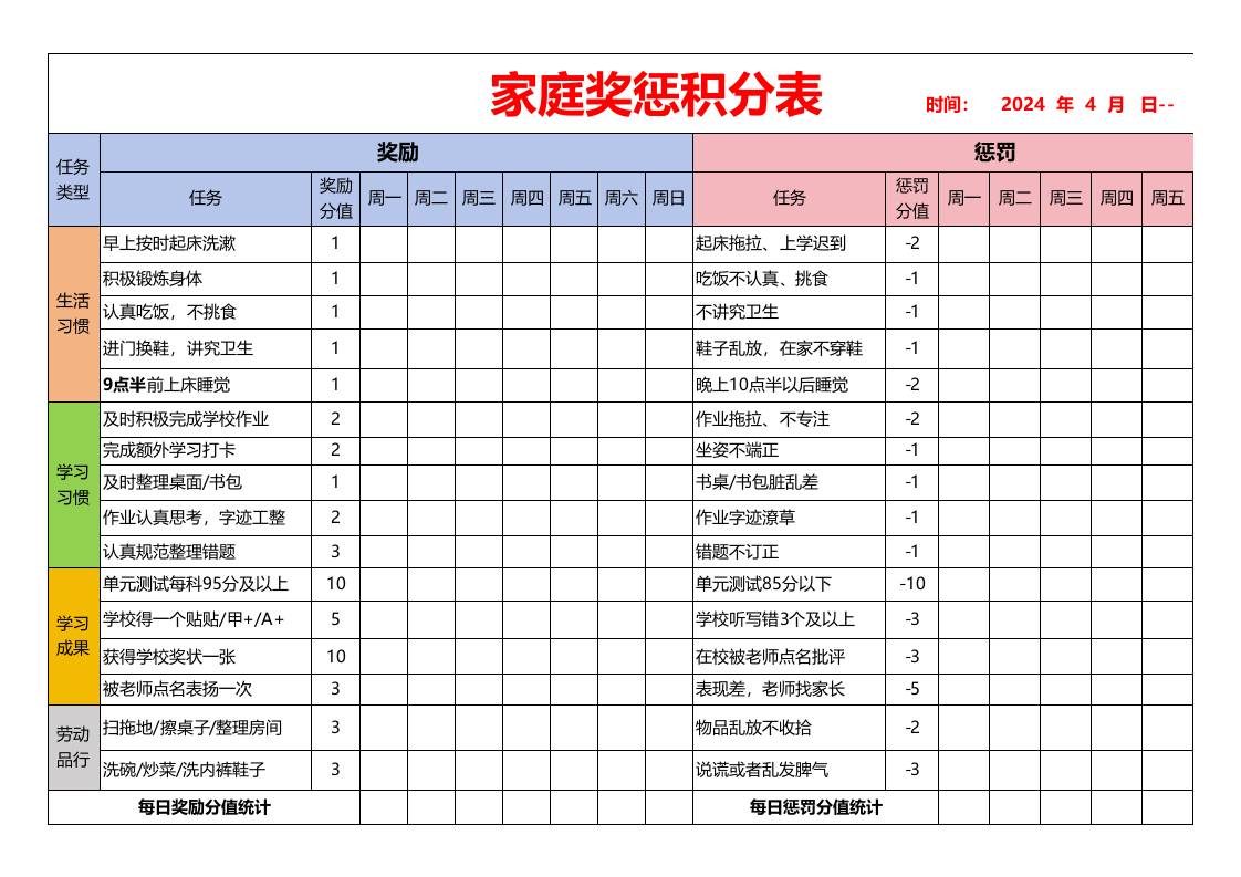 家庭奖惩积分表、学霸养成、积分兑换表-jw