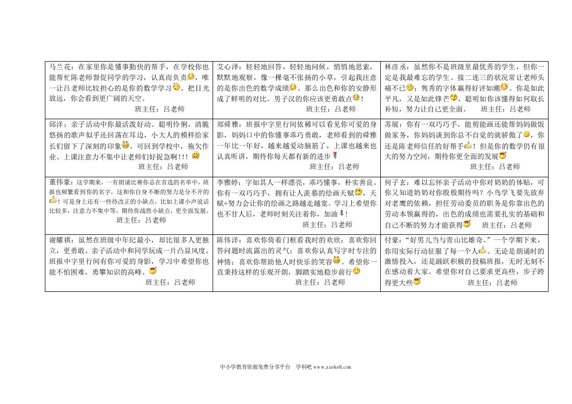 五年级上学期学生评语-jw