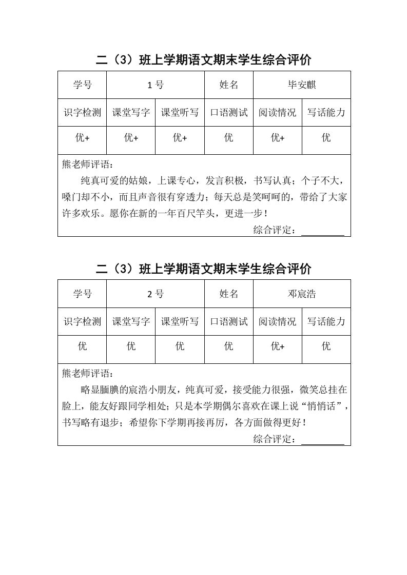 45份语文特色评价评语-jw