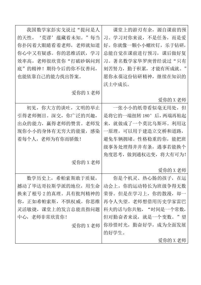 根据学生表现写富有数学味的期末评语-jw