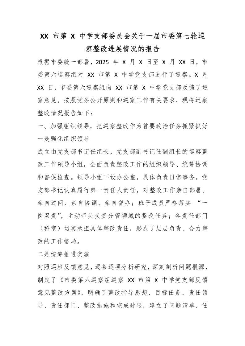 XX市第X中学支部委员会关于一届市委第七轮巡察整改进展情况的报告-jw
