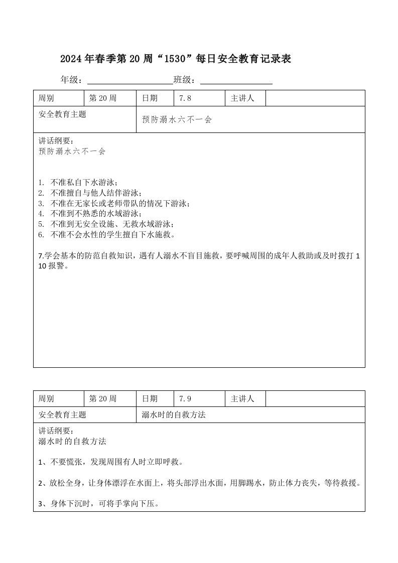 2024年春季第20周“1530”每日安全教育记录表内容资料参考-jw