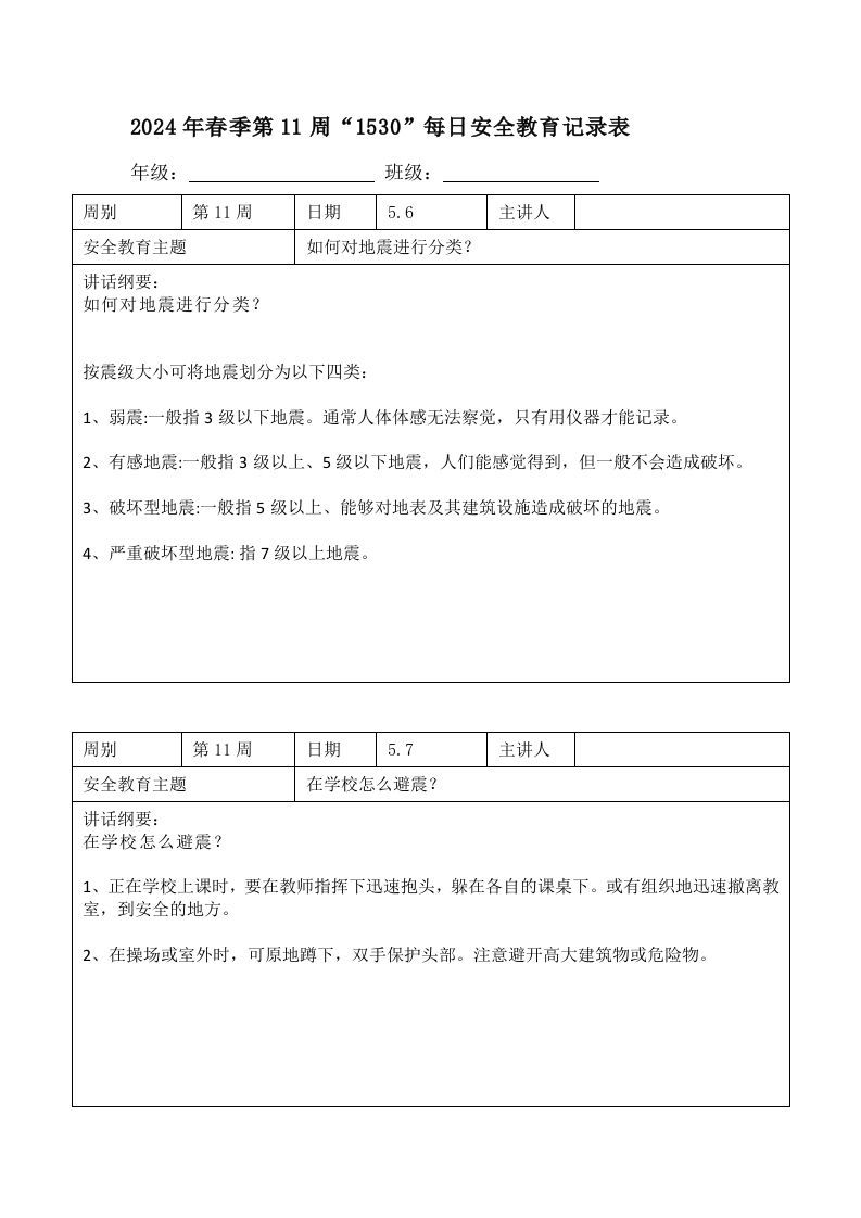 2024年春季第11周“1530”每日安全教育记录表内容资料参考-jw